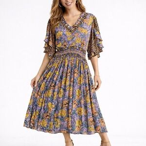 Susan Freis Midi Dress Womens M Floral Colorful Pleated 80s Boho Satin V Neck